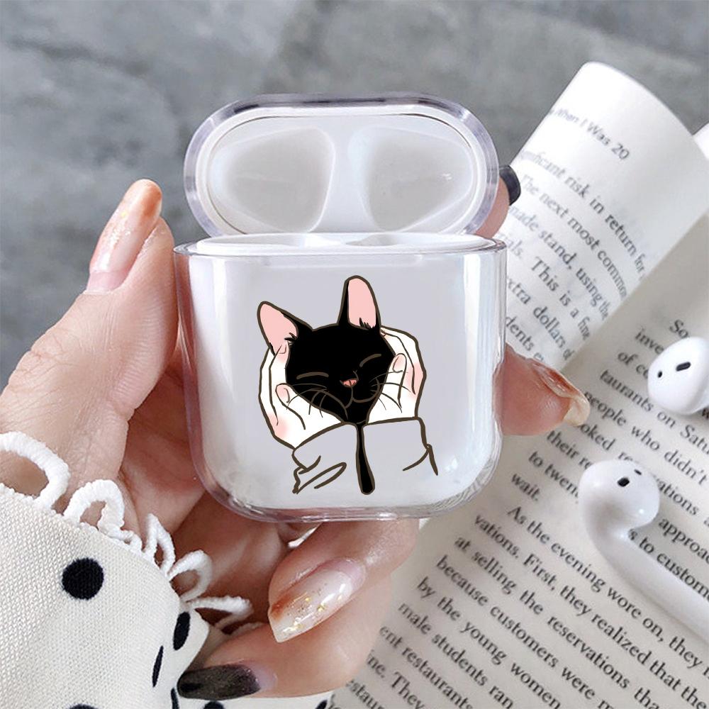 Cute Black Cat Hard Plastic Protective Clear Case Cover For Apple Airpods - Octracase