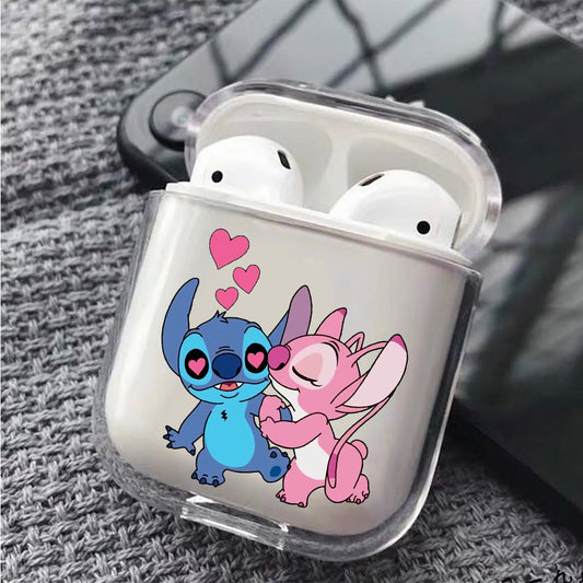 Stitch Couple Hard Plastic Protective Clear Case Cover For Apple Airpods